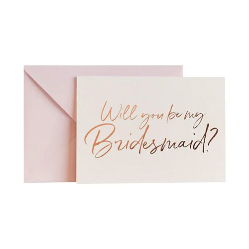 Will You Be My Bridesmaid card and envelope isolated against a white background.