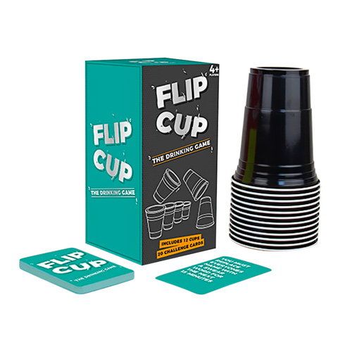Flip Cup drinking game packaging and contents isolated on a white background.