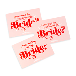 The front of three How Well Do You Know the Bride game cards isolated on a white background.