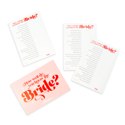 The front and backs of three How Well Do You Know the Bride game cards isolated on a white background.