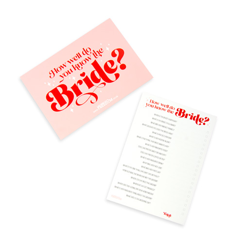 The front and back of How Well Do You Know the Bride game cards isolated on a white background.