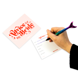 A woman fills in an Advice for the Bride card game against a white background
