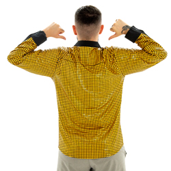 Man wearing Gold Stand Out Shirt pointing at his back
