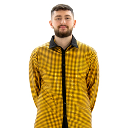 Man wearing Gold Stand Out Shirt with his hands behind his back