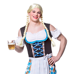A close up of a man wearing Bavarian Beer Girl Costume smiling and holding a pint