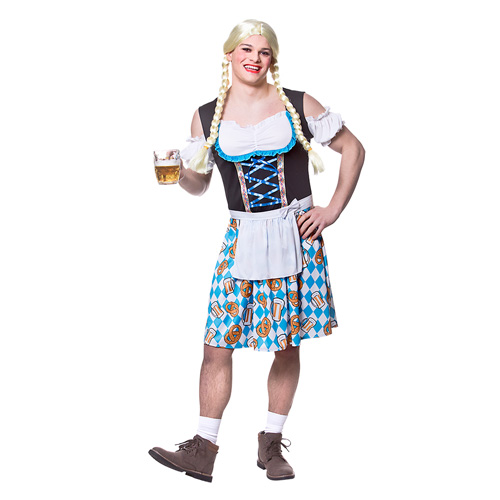 A man wearing Bavarian Beer Girl Costume smiling and holding a pint