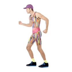 A man wearing an aerobics fancy dress costume facing the side in a running stance