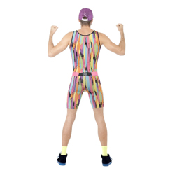 A man wearing an aerobics fancy dress costume with his back to the camera