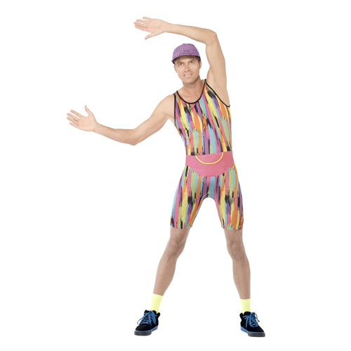 A man wearing an aerobics fancy dress costume stretching his arms above his head