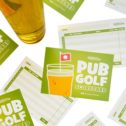 Last Night of Freedom's pub golf scorecards and a pint of beer on a white background