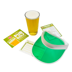 Last Night of Freedom's pub golf scorecards with a pint and a golf visor on a white background