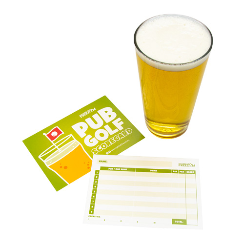 Last Night of Freedom's pub golf scorecards and a pint of beer on a white background