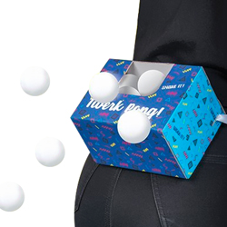 A woman playing twerk pong on a white background