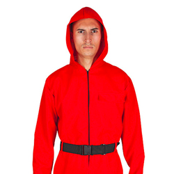 Close up of man wearing Red Jumpsuit on white background