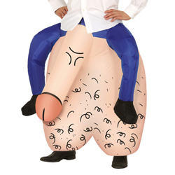 Close up of man wearing inflatable testicles costume on a white background