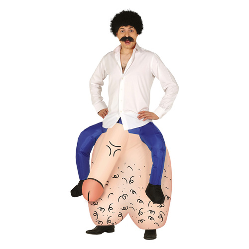 Man wearing inflatable testicles costume on a white background