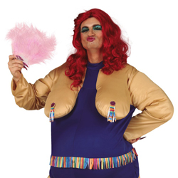 Close up of man wearing Drag Queen costume on a white background