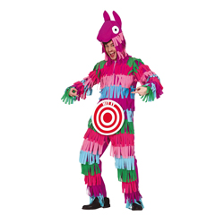 Man wearing funky llama pinata costume on a white background