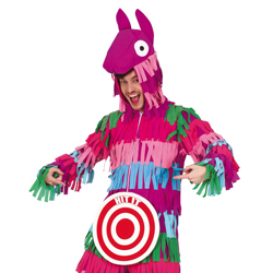 Close up of a man wearing funky llama pinata costume on a white background