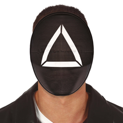Man wearing a triangle worker mask on a white background