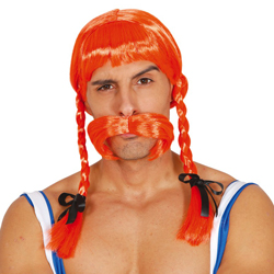 Man wearing ginger wig and mustache on a white background