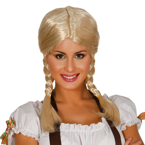 Woman wearing blonde pigtails wig on a white background