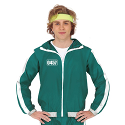 Close up of man wearing green gamer tracksuit on a white background