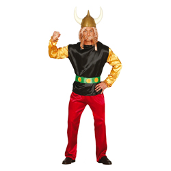 Man wearing Asterix Gallic Warrior Costume on a white background