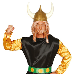 Close up of man wearing Asterix Gallic Warrior Costume on a white background