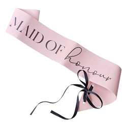 A pink maid of honour sash against a white background