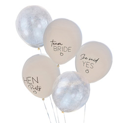 A selection of team bride balloons against a white background
