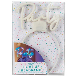 A light up headband that says party in its packaging