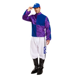A man wearing a purple and blue jockey costume