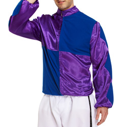A man wearing a purple and blue jockey costume