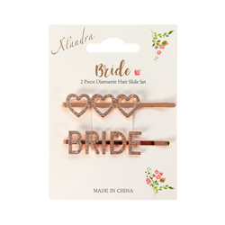 Rose gold bride in packaging hair slides on a white background