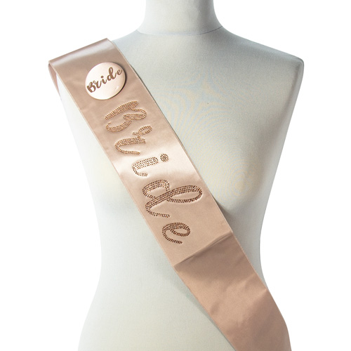 Rose Gold bride sash and badge on a mannequin