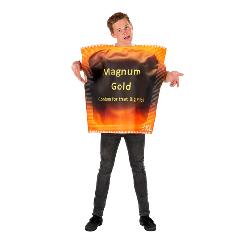 Front of man wearing Condom packet costume on a white background.