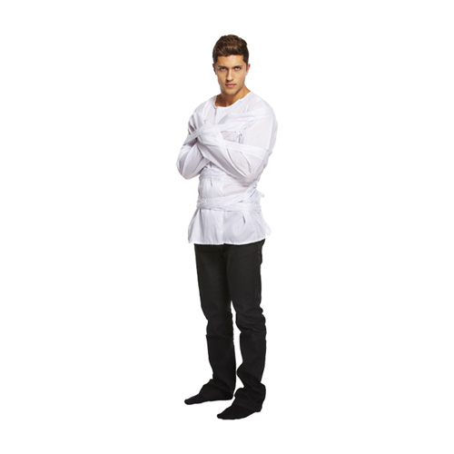 Man wearing straight jacket costume on a white background.