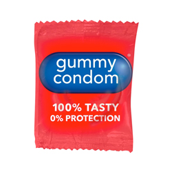Gummy Condom packet on a white background