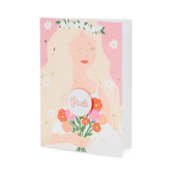 Cheers to the Bride Enamel Pin with Card on a white background