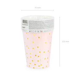 Pink and Gold Polka Dot Cup on a white background with dimensions