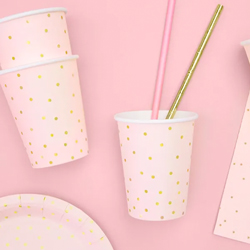 Pink and Gold Polka Dot Cup on a pink background with pink and gold straws