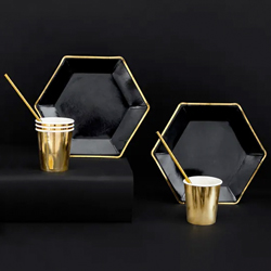 Black and Gold Hexagon Plates styled on a black background