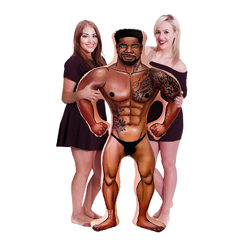 Two women posing with Javon the Hunk 5ft Inflatable Man on a white backgrounad
