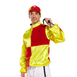 Close up of a man wearing Red and Yellow Jockey Costume on a white background
