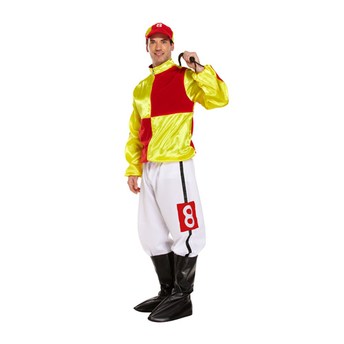 Man wearing Red and Yellow Jockey Costume on a white background