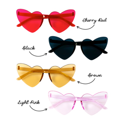 A variety of solid colour heart sunglasses on a white background