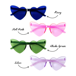 A variety of solid colour heart sunglasses on a white background