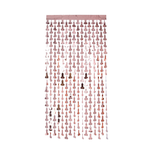 Rose gold foil willy curtain on a white background