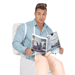 Close up of man wearing Toilet Costume on a white background
